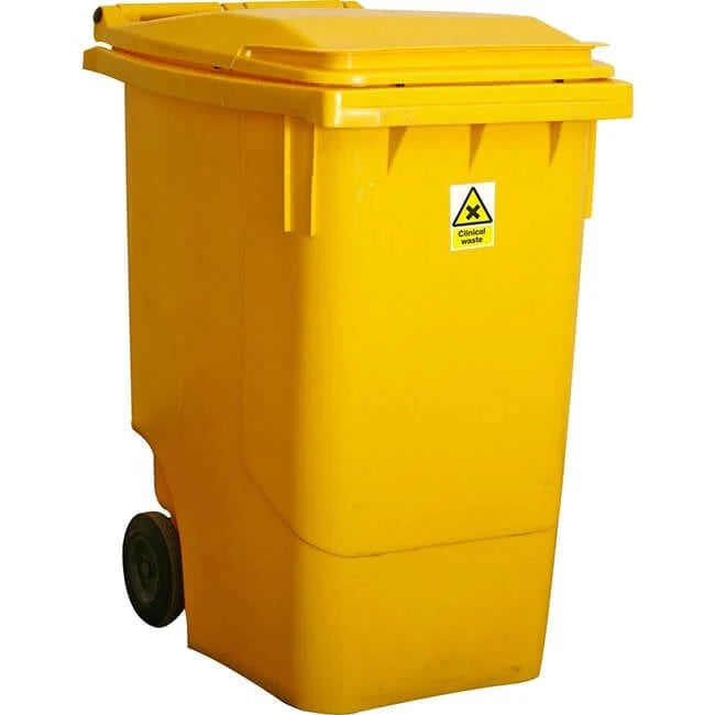 Yellow trash bin with a warning label on a white background