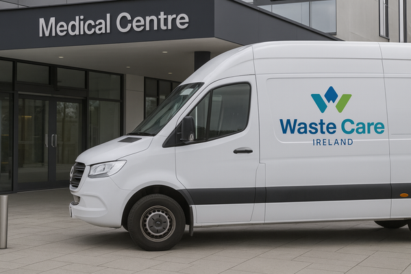 White van with 'Waste Care Ireland' logo parked in front of a medical centre.